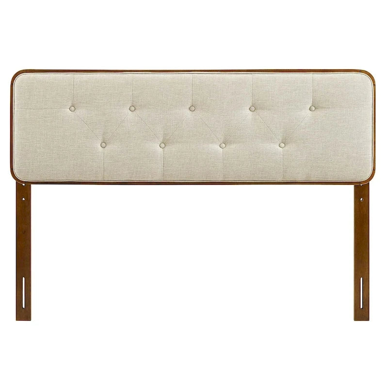 Testiera per letto queen size, tradizionale, in legno di noce, con bottoni, imbottita in tessuto beige