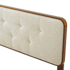 Testiera per letto queen size, tradizionale, in legno di noce, con bottoni, imbottita in tessuto beige