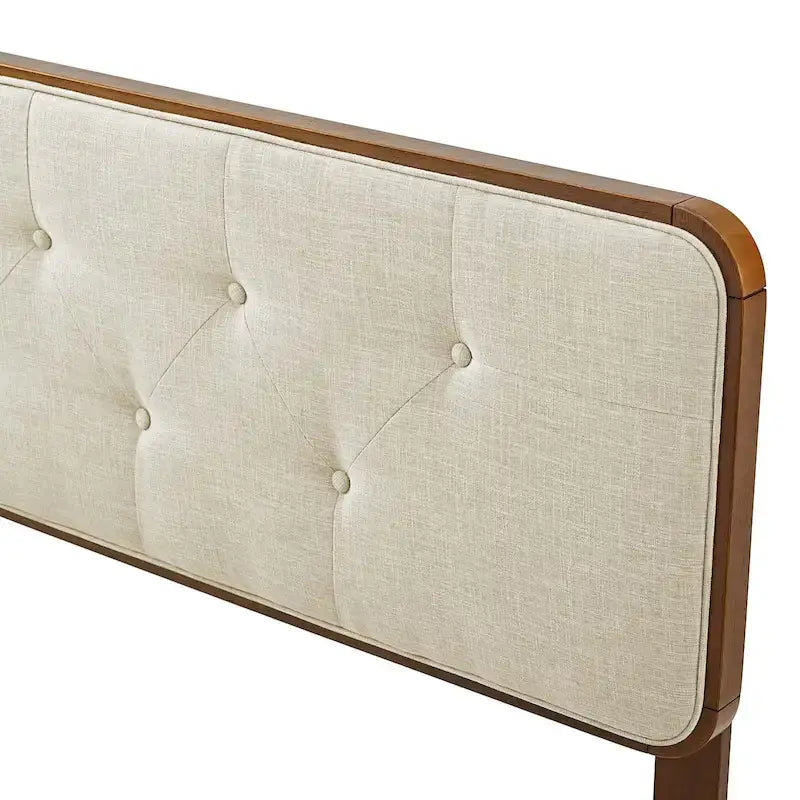 Testiera per letto queen size, tradizionale, in legno di noce, con bottoni, imbottita in tessuto beige