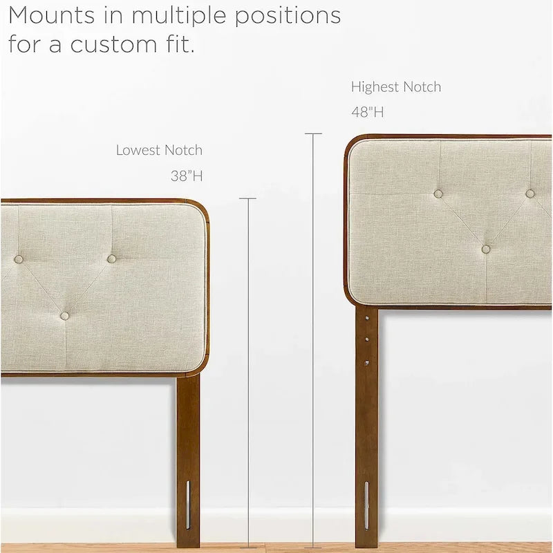 Testiera per letto queen size, tradizionale, in legno di noce, con bottoni, imbottita in tessuto beige