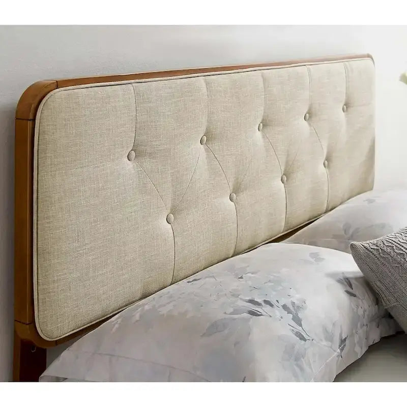 Testiera per letto queen size, tradizionale, in legno di noce, con bottoni, imbottita in tessuto beige