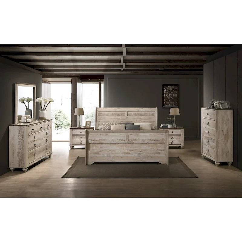  Imerland Contemporary White Wash Finish Bedroom Set with Sleigh Bed, Dresser, Mirror, Two Nightstands, Chest