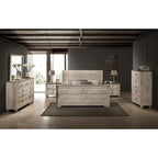  Imerland Contemporary White Wash Finish Bedroom Set with Sleigh Bed, Dresser, Mirror, Two Nightstands, Chest