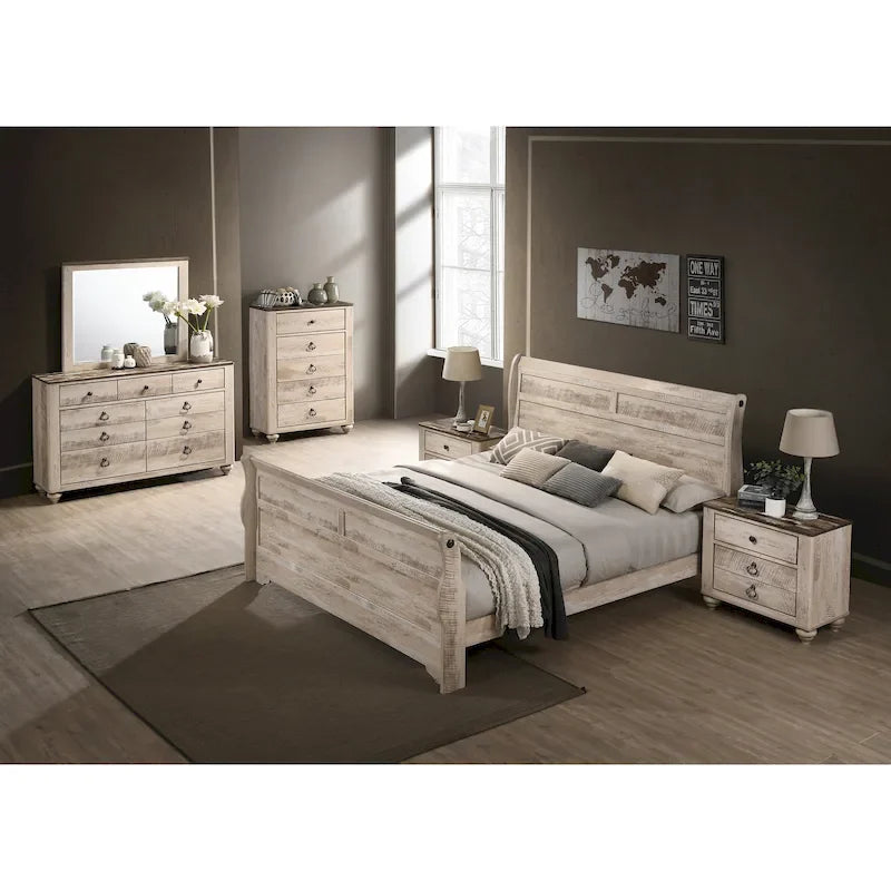 Imerland Contemporary White Wash Finish Bedroom Set with Sleigh Bed, Dresser, Mirror, Two Nightstands, Chest