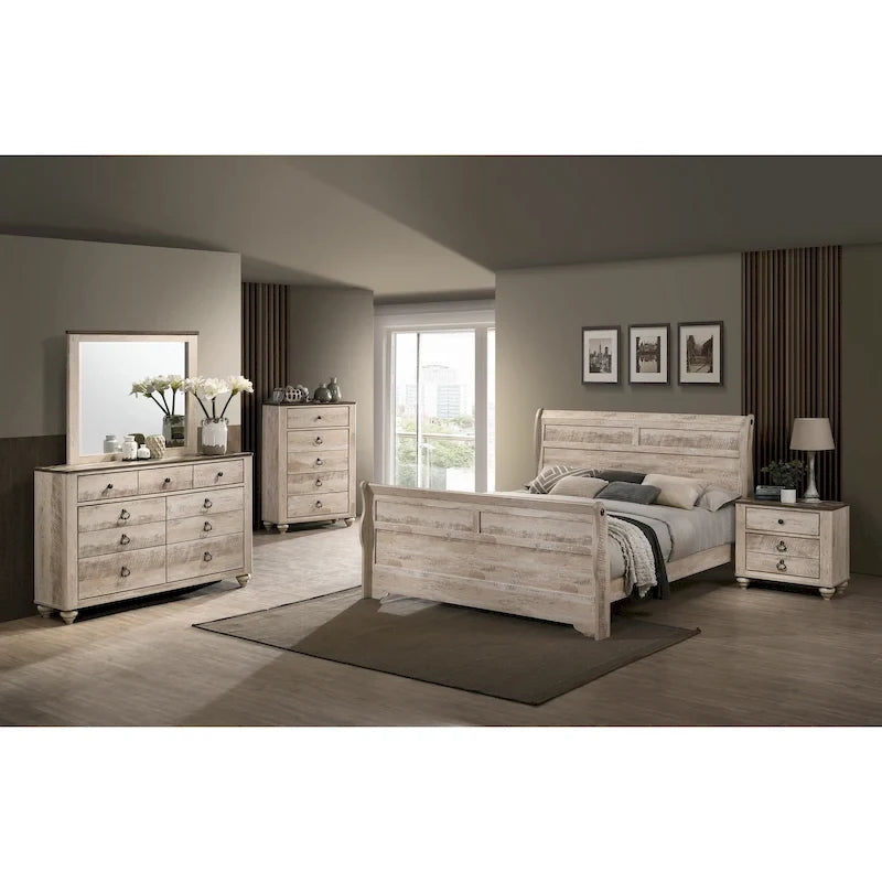 Imerland Contemporary White Wash Finish Bedroom Set with Sleigh Bed, Dresser, Mirror, Two Nightstands, Chest