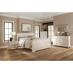 Imerland Contemporary White Wash Finish Bedroom Set with Sleigh Bed, Dresser, Mirror, Two Nightstands, Chest