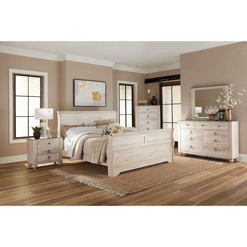 Imerland Contemporary White Wash Finish Bedroom Set with Sleigh Bed, Dresser, Mirror, Two Nightstands, Chest