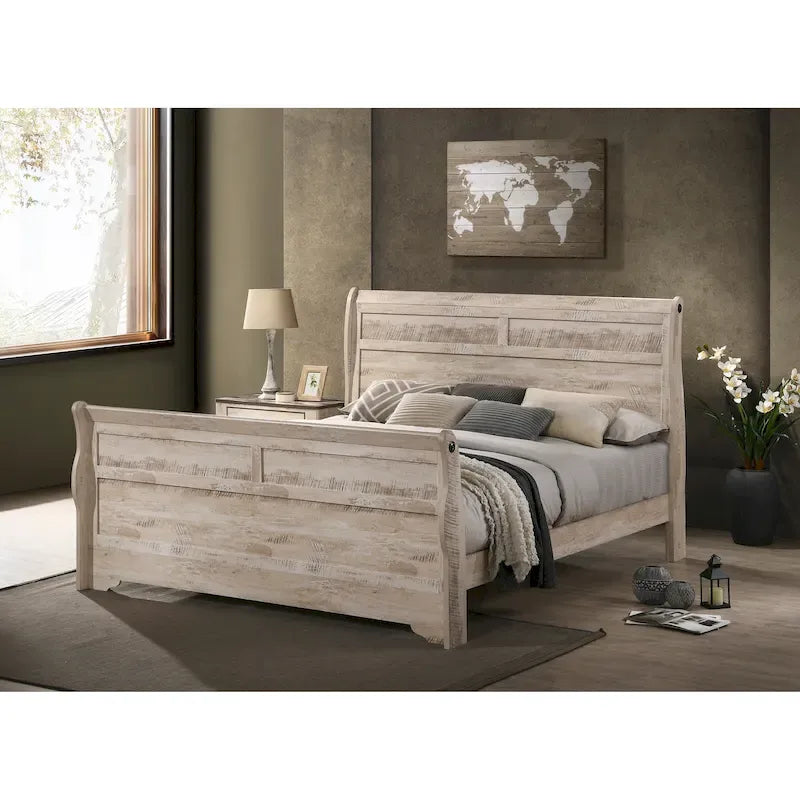 Imerland Contemporary White Wash Finish Bedroom Set with Sleigh Bed, Dresser, Mirror, Two Nightstands, Chest