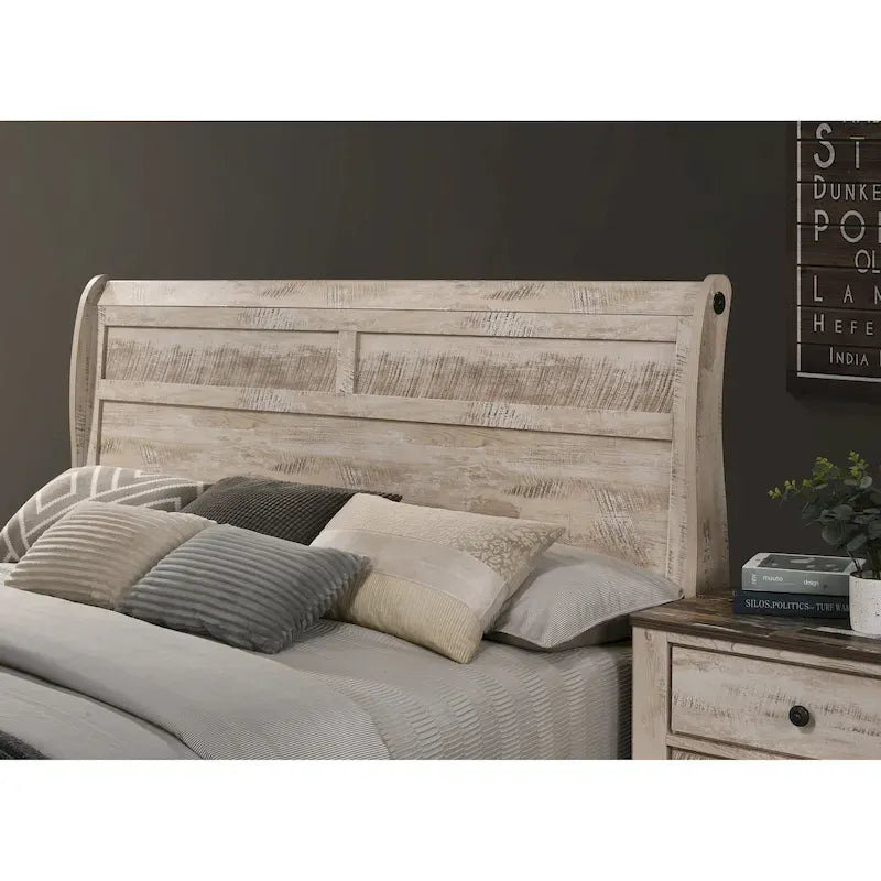 Imerland Contemporary White Wash Finish Bedroom Set with Sleigh Bed, Dresser, Mirror, Two Nightstands, Chest
