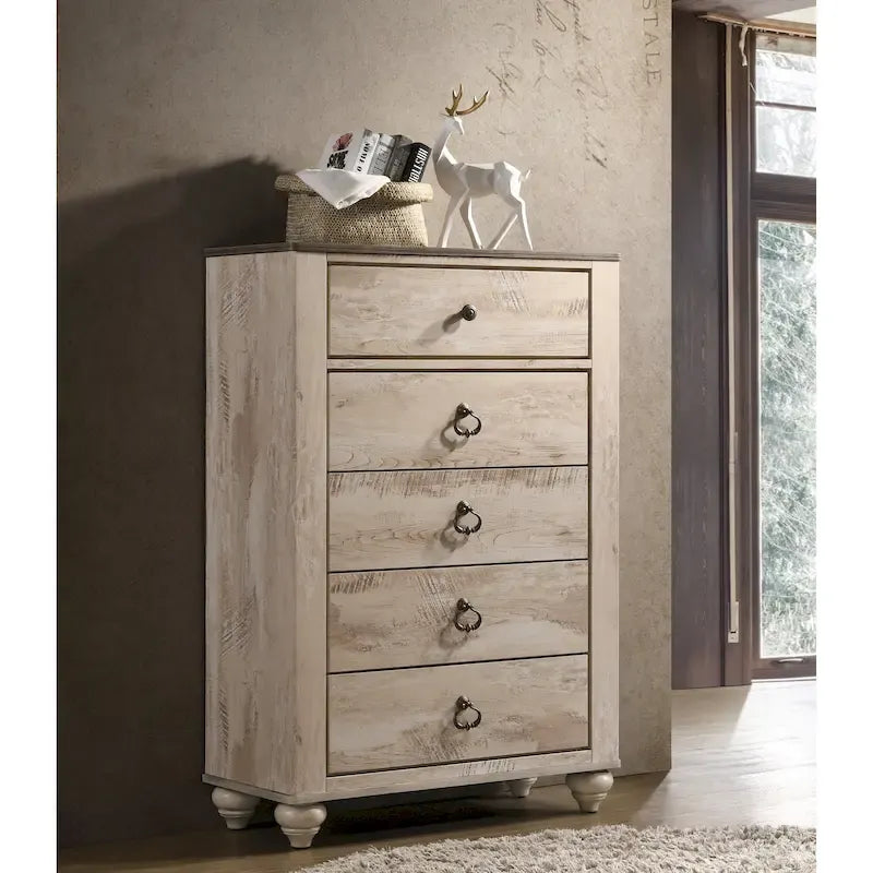 Imerland Contemporary White Wash Finish Bedroom Set with Sleigh Bed, Dresser, Mirror, Two Nightstands, Chest
