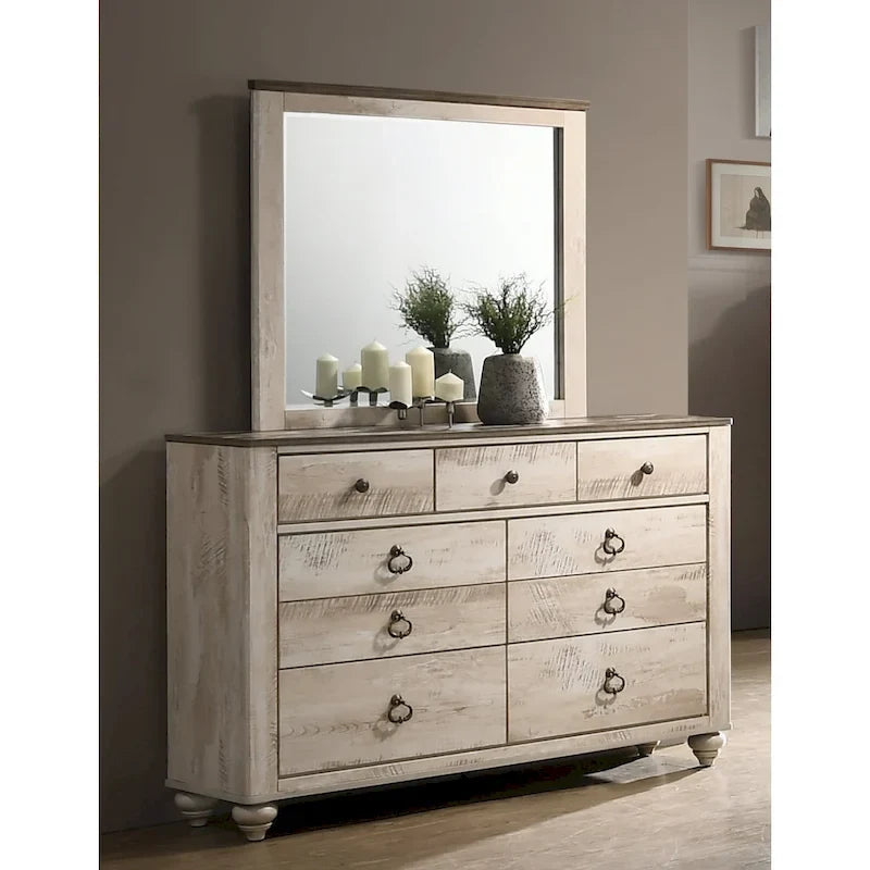 Imerland Contemporary White Wash Finish Bedroom Set with Sleigh Bed, Dresser, Mirror, Two Nightstands, Chest