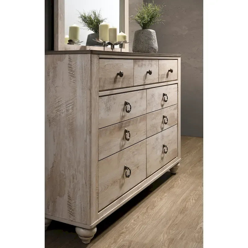 Imerland Contemporary White Wash Finish Bedroom Set with Sleigh Bed, Dresser, Mirror, Two Nightstands, Chest