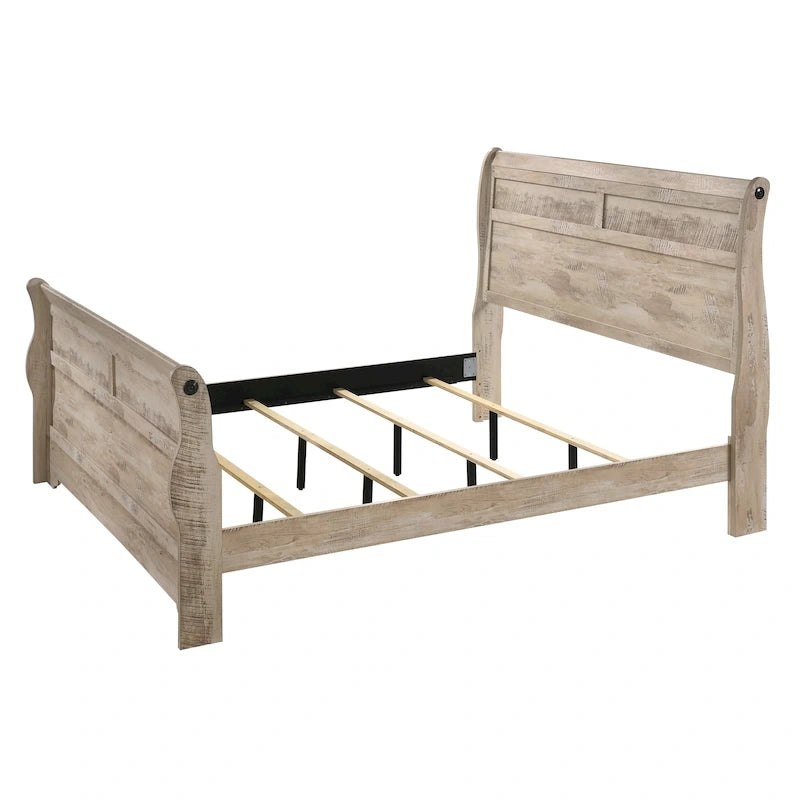 Imerland Contemporary White Wash Finish Bedroom Set with Sleigh Bed, Dresser, Mirror, Two Nightstands, Chest