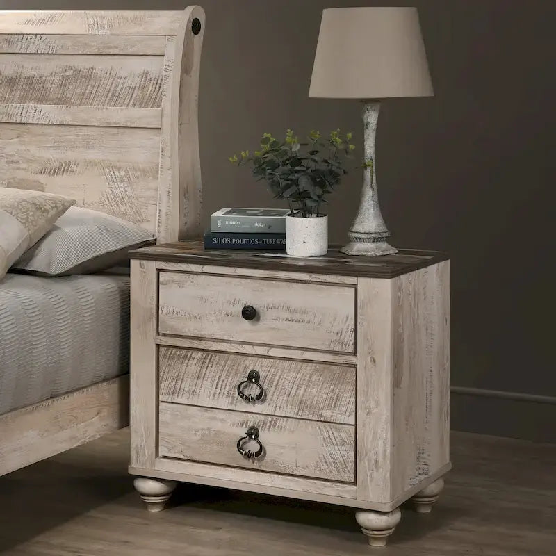Imerland Contemporary White Wash Finish Bedroom Set with Sleigh Bed, Dresser, Mirror, Two Nightstands, Chest