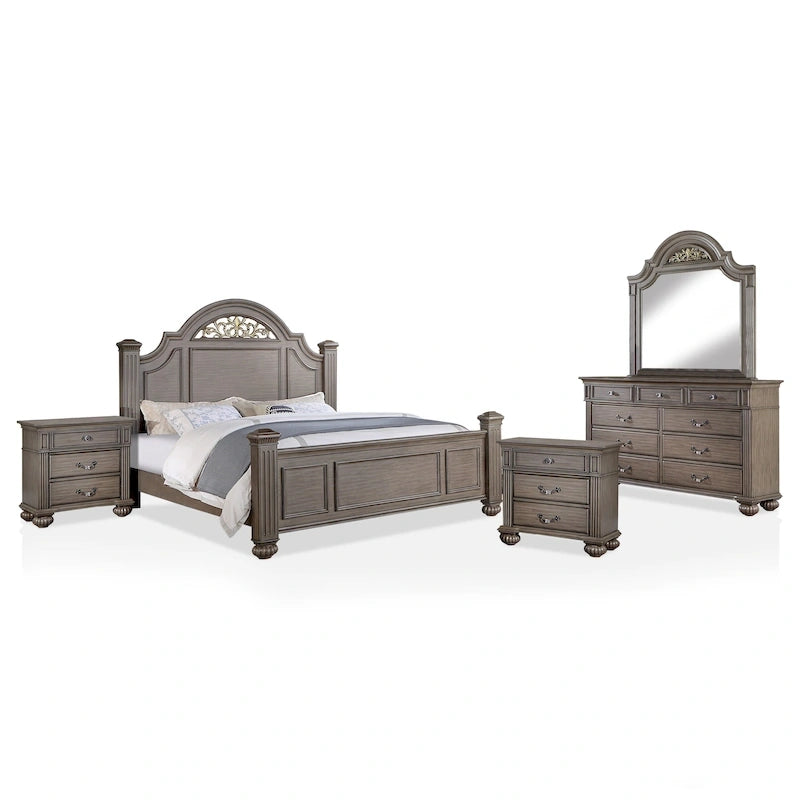 Vame Traditional Grey Wood 5-Piece Poster Bedroom Set by