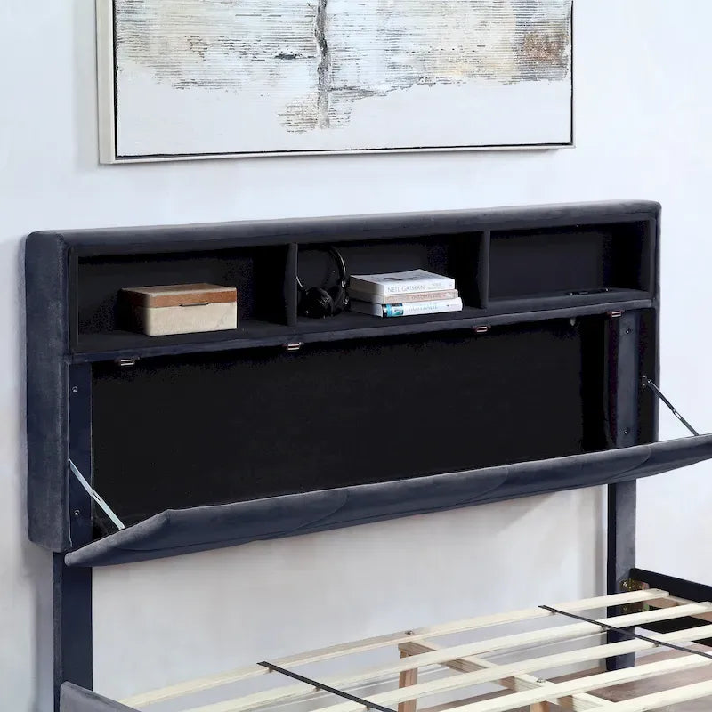 Letto contenitore Rosdale grigio imbottito con porte USB