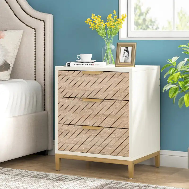 Comodini con cassetti, comodino moderno in venatura di legno chiaro per camere da letto