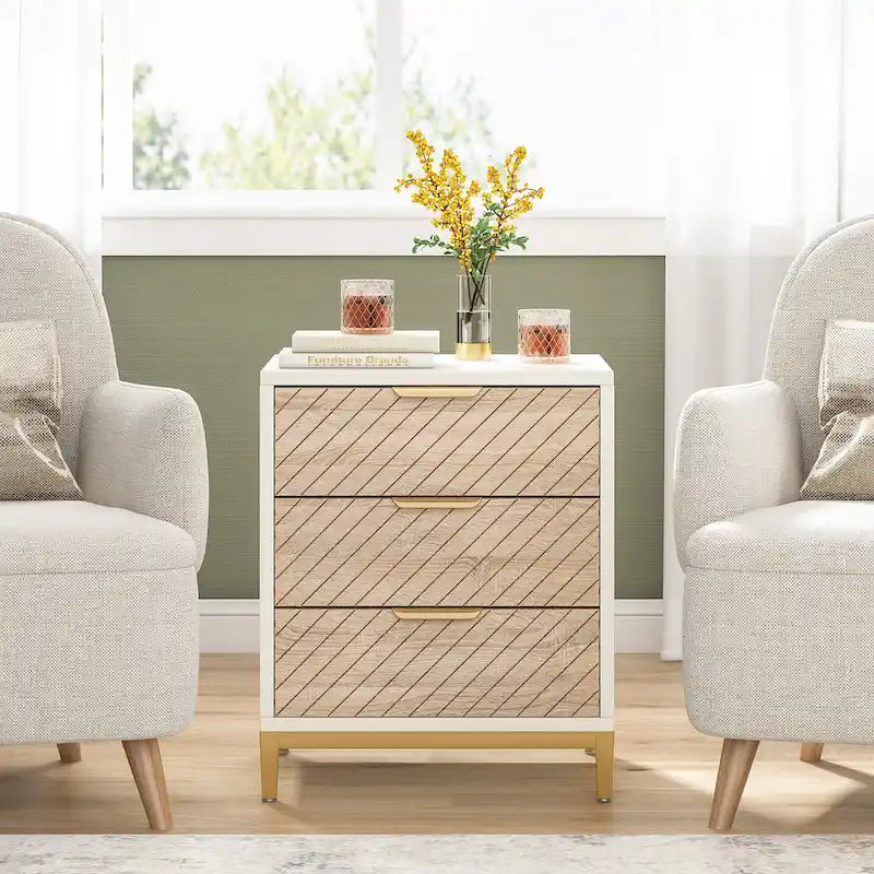 Comodini con cassetti, comodino moderno in venatura di legno chiaro per camere da letto