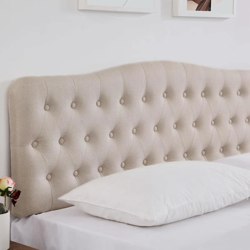Testiera imbottita King, Testiera a rombi con bottoni, Altezza regolabile, Gambe in legno massiccio, Imbottita in tessuto di lino per letto King size