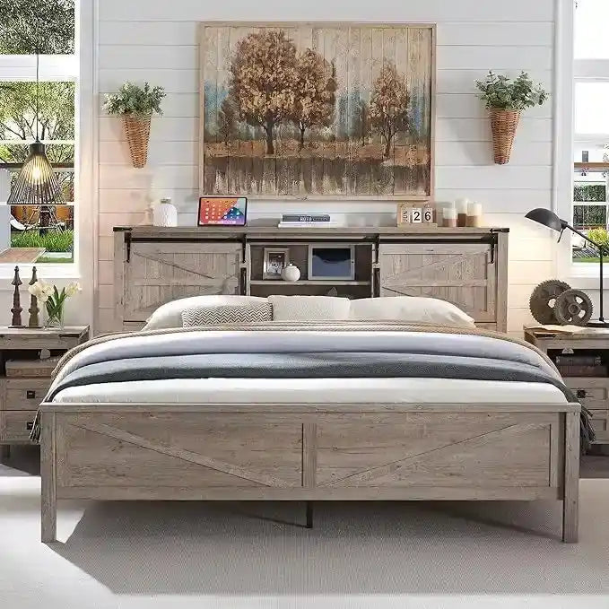 Struttura letto king size in stile rustico con mensole portaoggetti e stazione di ricarica
