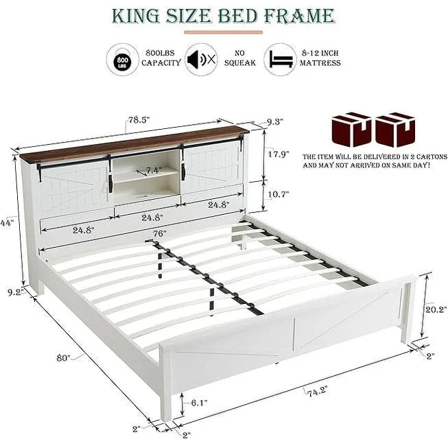 Struttura letto king size in stile rustico con mensole portaoggetti e stazione di ricarica