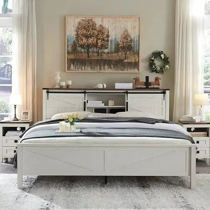 Struttura letto king size in stile rustico con mensole portaoggetti e stazione di ricarica