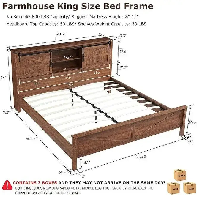 Struttura letto king size in stile rustico con mensole portaoggetti e stazione di ricarica