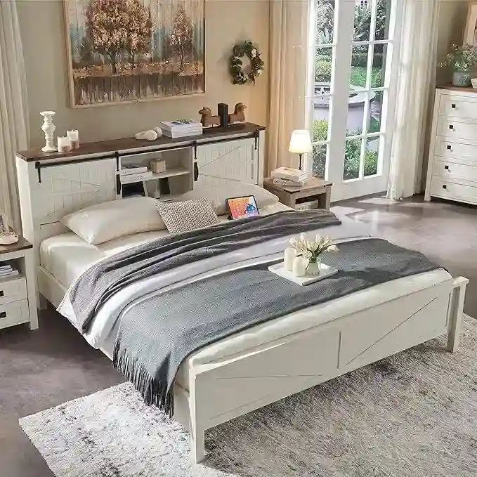 Struttura letto king size in stile rustico con mensole portaoggetti e stazione di ricarica