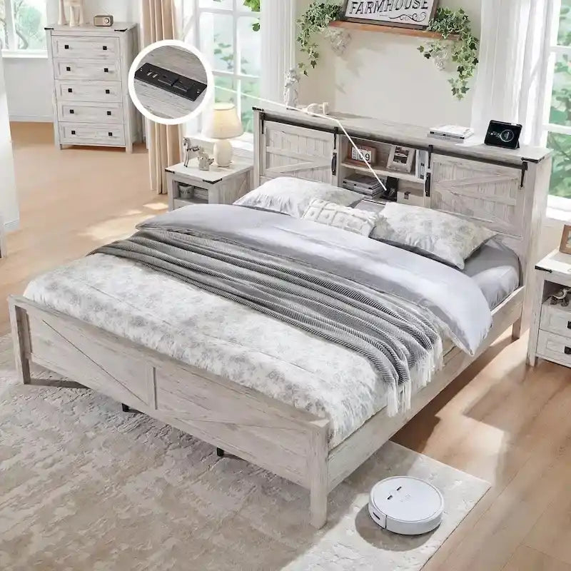 Struttura letto king size in stile rustico con mensole portaoggetti e stazione di ricarica