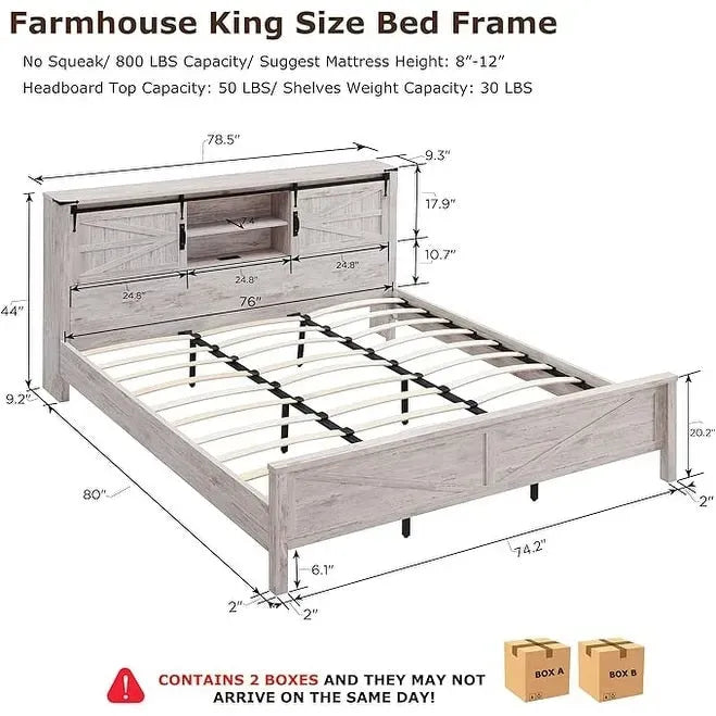 Struttura letto king size in stile rustico con mensole portaoggetti e stazione di ricarica