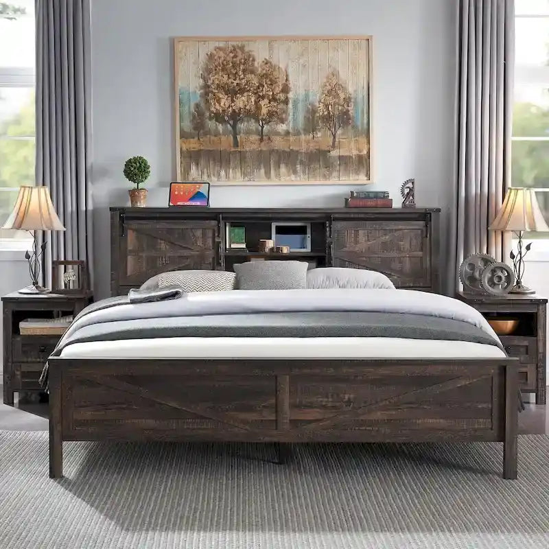 Struttura letto king size in stile rustico con mensole portaoggetti e stazione di ricarica