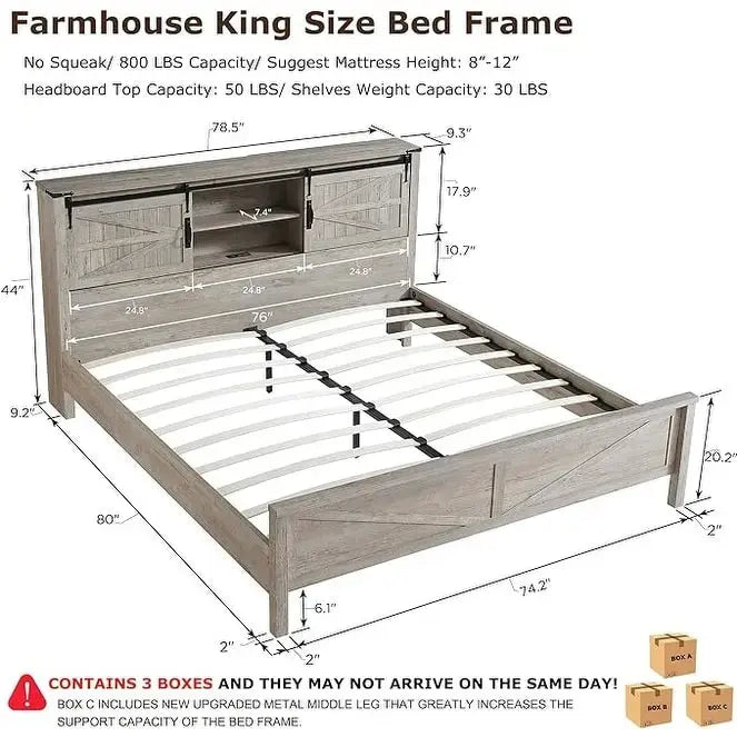 Struttura letto king size in stile rustico con mensole portaoggetti e stazione di ricarica