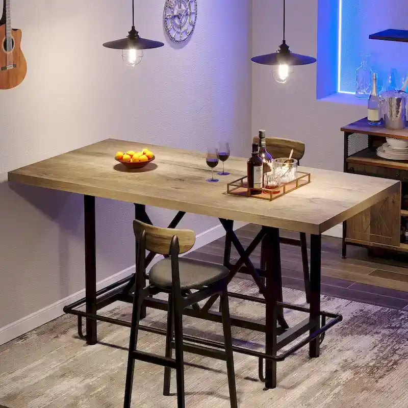 Tavolo da pub per 6 persone altezza bar con poggiapiedi, tavolo alto da bar con piano in legno spesso e struttura in metallo per casa/cucina
