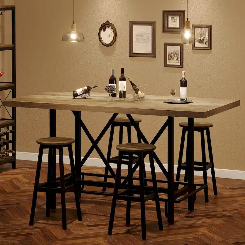 Tavolo da pub per 6 persone altezza bar con poggiapiedi, tavolo alto da bar con piano in legno spesso e struttura in metallo per casa/cucina