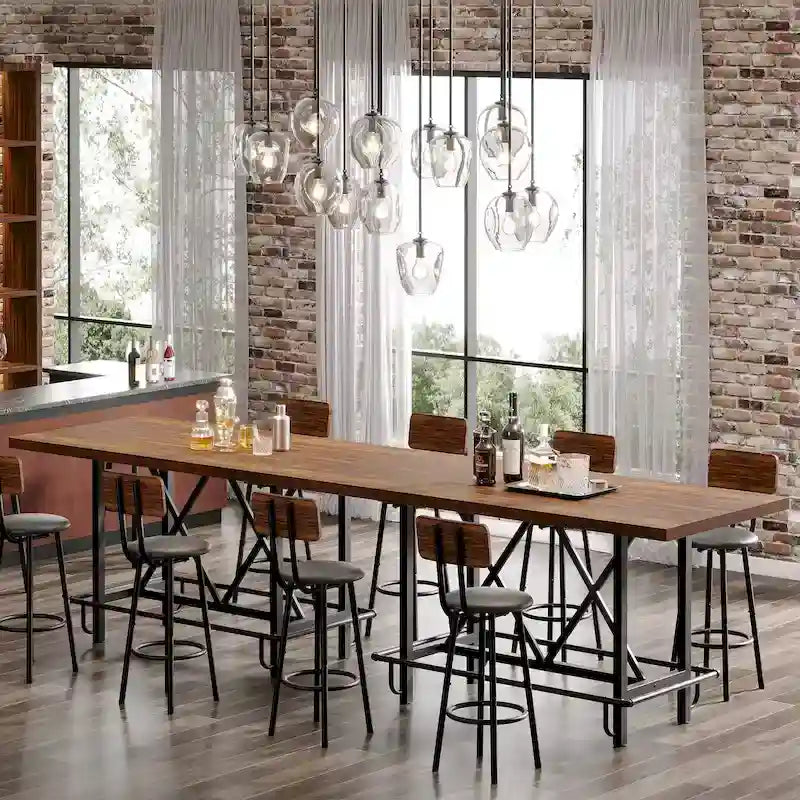 Tavolo da pub per 6 persone altezza bar con poggiapiedi, tavolo alto da bar con piano in legno spesso e struttura in metallo per casa/cucina