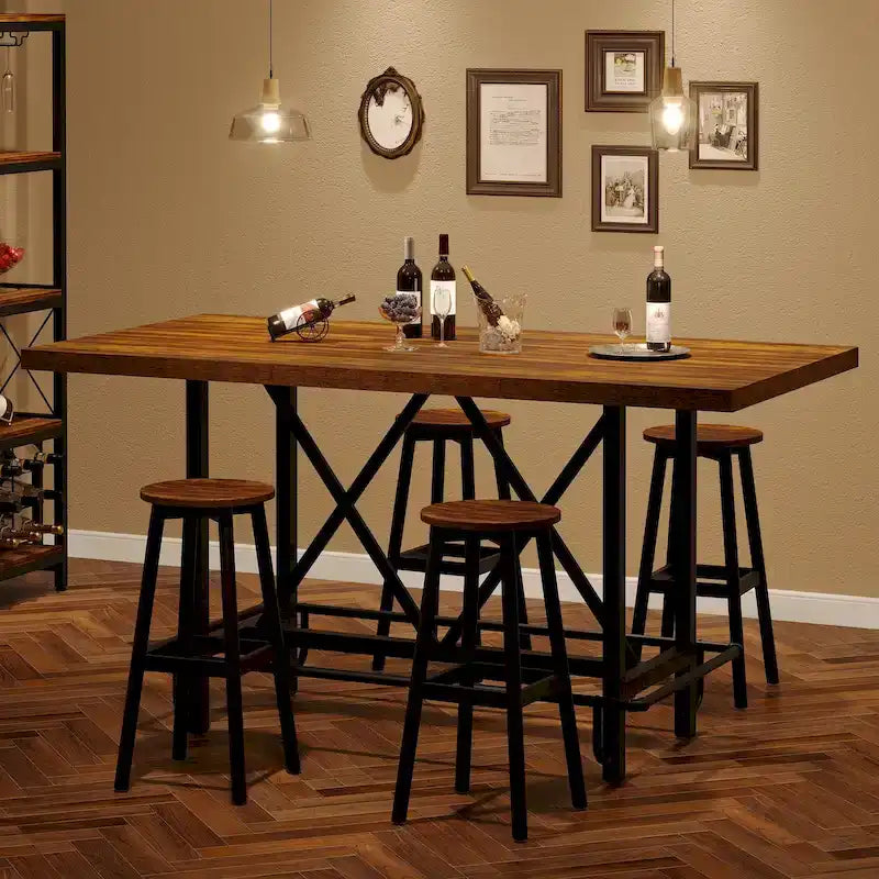 Tavolo da pub per 6 persone altezza bar con poggiapiedi, tavolo alto da bar con piano in legno spesso e struttura in metallo per casa/cucina
