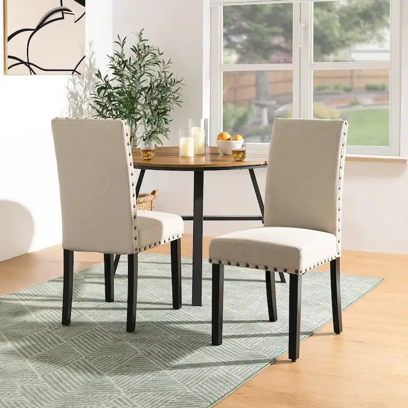 38H Set of 2 High Back Linen Fabric Studded Dining Chairs with Footpads