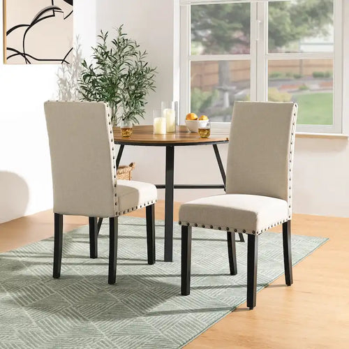  38H Set of 2 High Back Linen Fabric Studded Dining Chairs with Footpads