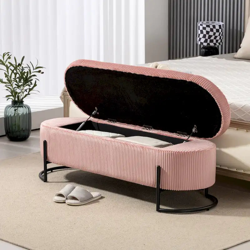 Panca pouf contenitore imbottita in velluto a coste con cerniera di sicurezza e gambe in metallo