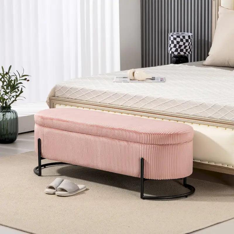 Panca pouf contenitore imbottita in velluto a coste con cerniera di sicurezza e gambe in metallo