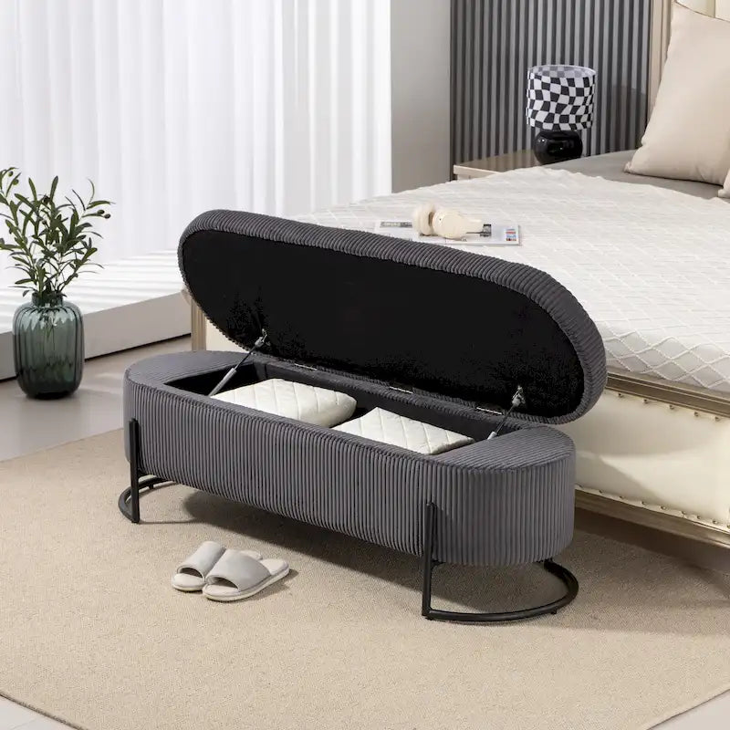 Panca pouf contenitore imbottita in velluto a coste con cerniera di sicurezza e gambe in metallo