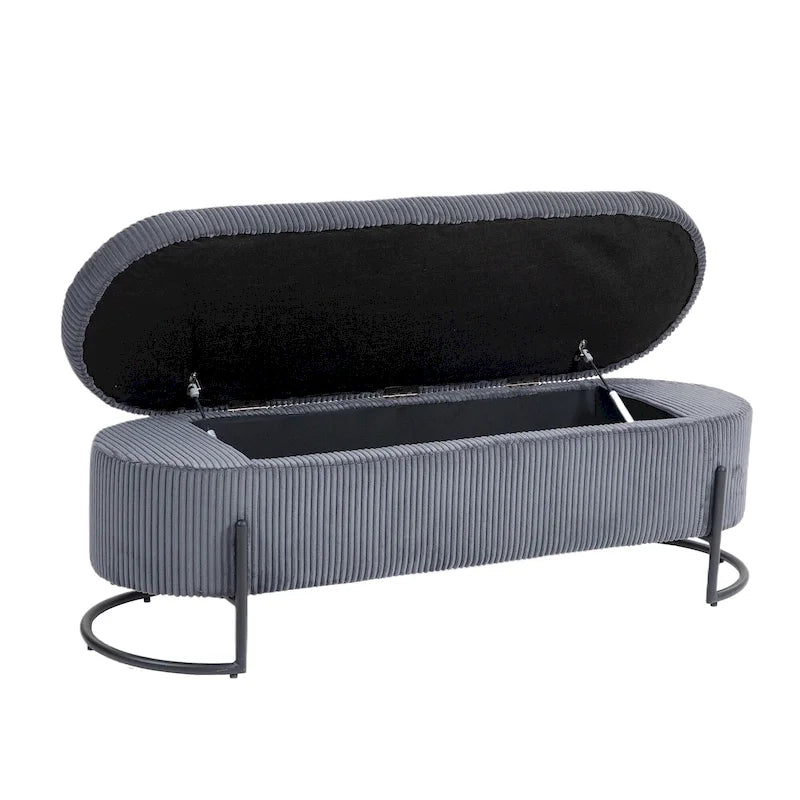Panca pouf contenitore imbottita in velluto a coste con cerniera di sicurezza e gambe in metallo