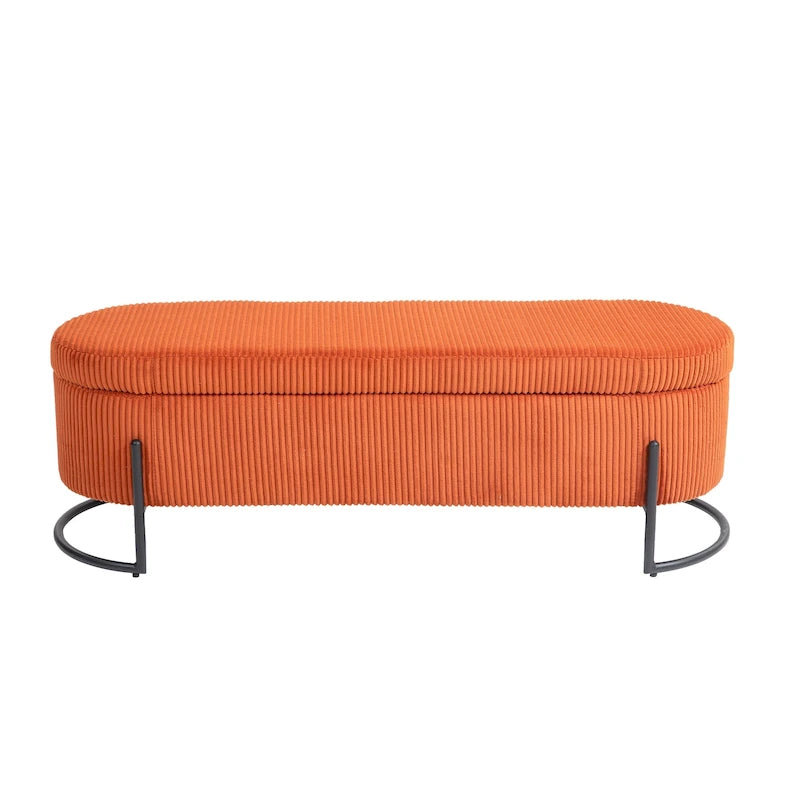 Panca pouf contenitore imbottita in velluto a coste con cerniera di sicurezza e gambe in metallo