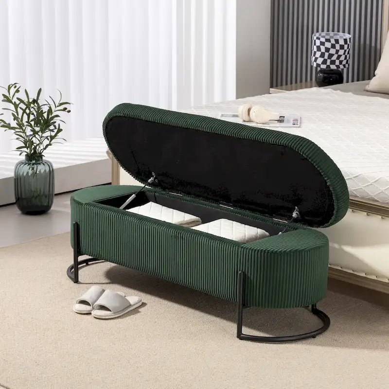Panca pouf contenitore imbottita in velluto a coste con cerniera di sicurezza e gambe in metallo