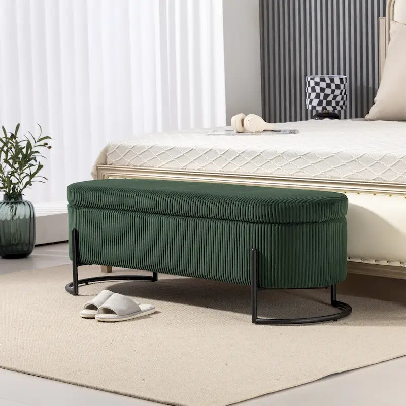 Panca pouf contenitore imbottita in velluto a coste con cerniera di sicurezza e gambe in metallo
